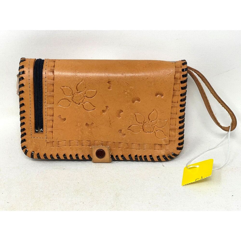 Vintage Hand Tooled Wallet Clutch Leather Native El Salvador Whipstitch Stitched
